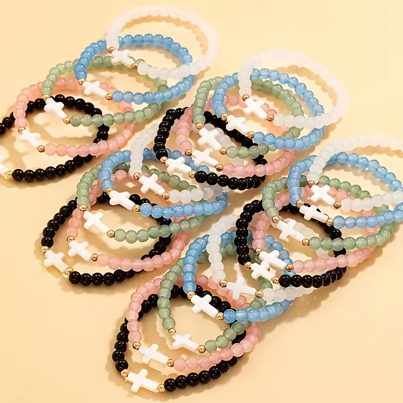 20pcs Mix Elegant Cross Glass Bead Bracelet Set, Multi-layer Elastic Wristband Accessories, Suitable for Daily Wear And Party Occasions