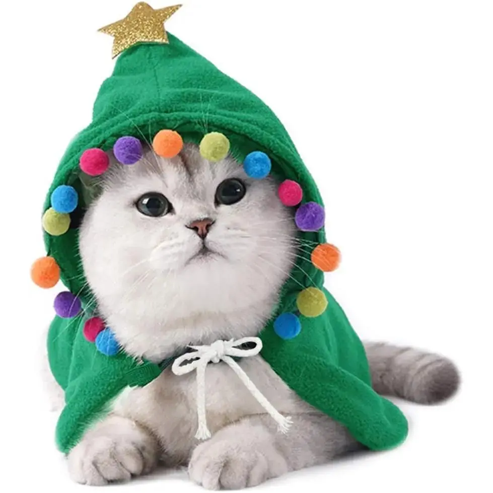 Pet Christmas Costume Set - Star & Pompom Cape, Santa Hat for Kitten & Small-Medium Dog (Medium)