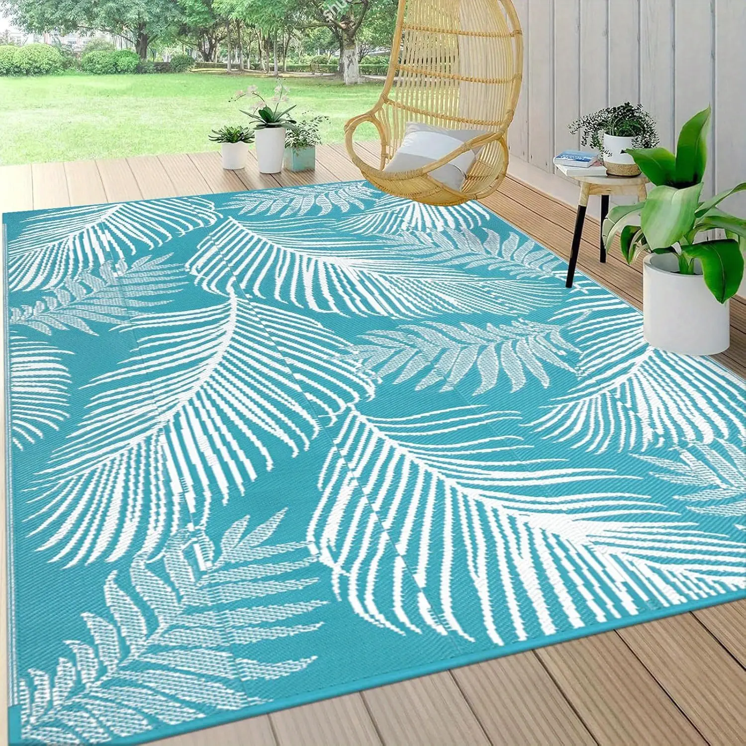 Outdoor Rug, Reversible Plastic Straw Patio Camping Mat, Indoor Outdoor RV Carpet for Deck, Camper, Porch, Balcony, Backyard, Picnic, Leaf Teal