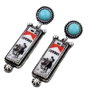 Western Cowboy Stud Earrings with Turquoise Accents Approximately 2" by Half Inch Earring Size Cowboy Design