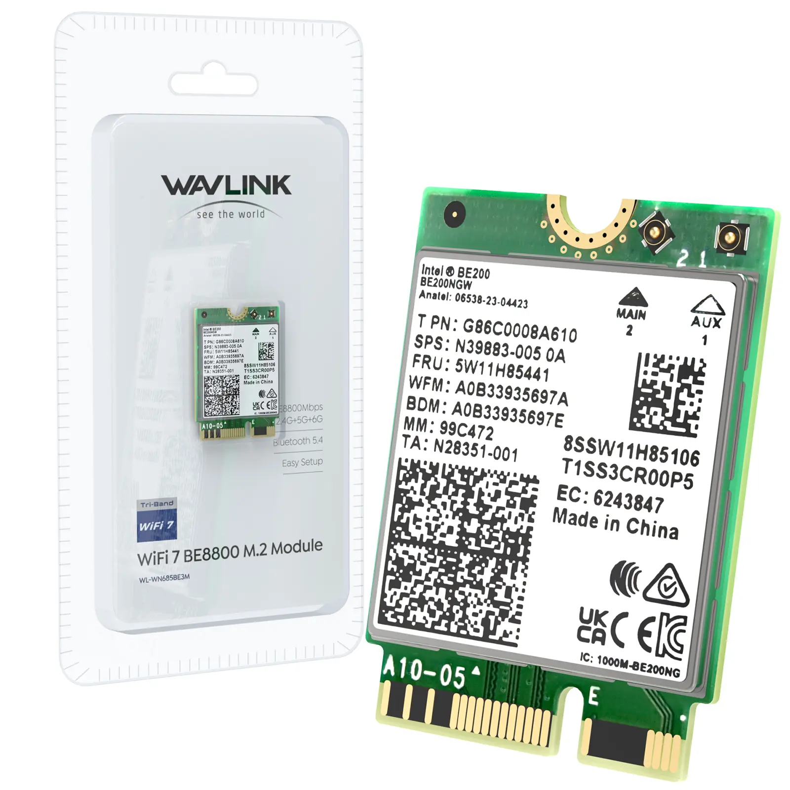 WAVLINK M.2 NGFF Wi-Fi 7 Wireless Card with BE200 Chipset, 8774Mbps Unmatched Tri-Band Speed, Tri-Band Capability, Bluetooth 5.4, MU-MIMO, WPA3 for PC, Laptop, Industrial Controllers, Windows 10/11 (64-bit) Compatible, NAS Support, Not for AMD