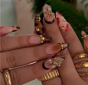Medium Almond 3D Brown Gold Flower Press on Nails-‎ Tortoiseshell Leopard French Tip Blossom Gradient Design,24Pcs Handmade Fall/Autumn/New Year Glue on Acrylic Fake Nail Press ons for Women