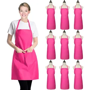 9 Pack Pink Apron for Women Adult Girls Ladies with Pockets - Bib Kitchen Aprons Bulk for Cooking Painting BBQ Grilling Baking (9 Pack, Pink)