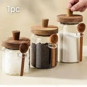 Glass Coffee & Food Storage Jars, Canister with Wood Lids & Matching Spoons, Airtight Round Food Containers, Preserving Containers, Food Grade BPA-Free Mason Jars for Coffee Beans Tea Cereal Spice Canning, Coffee Sets, Ideal Thanksgiving Christmas Gift