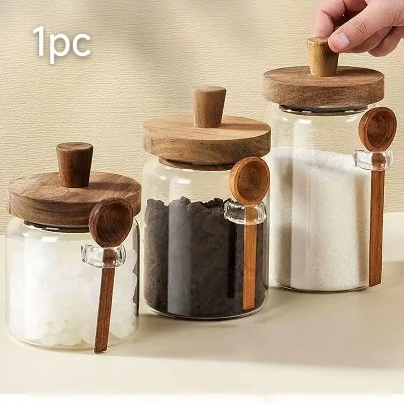 Glass Coffee & Food Storage Jars, Canister with Wood Lids & Matching Spoons, Airtight Round Food Containers, Preserving Containers, Food Grade BPA-Free Mason Jars for Coffee Beans Tea Cereal Spice Canning, Coffee Sets, Ideal Thanksgiving Christmas Gift