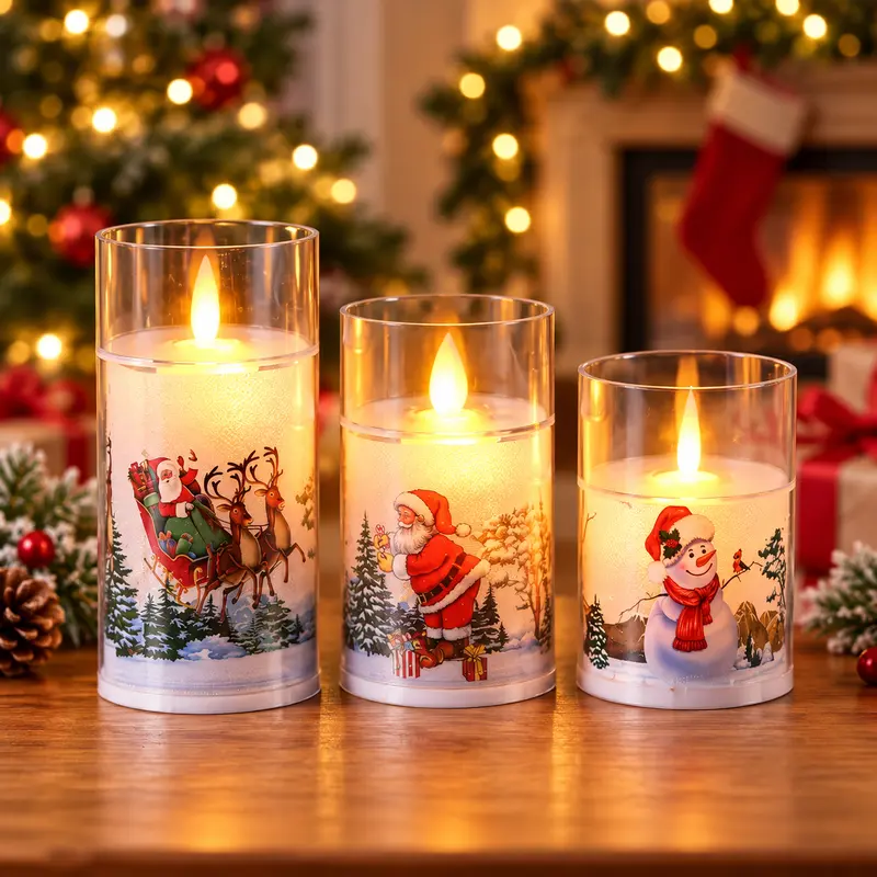 3-Piece Christmas Aesthetic LED Candle Set, Battery-Operated Flameless Flickering Candles with Santa/Snowman/Reindeer Designs, Warm Yellow Light, Christmas Wishlist Decor for Home Mantel Tabletop