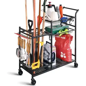 Garden Tool Organizer with Wheels, Garden Tool Rack, Yard Tool Holder for Rakes, Shovel, Fertilizer, Garden Tool Storage for Garage, Shed, Outdoor