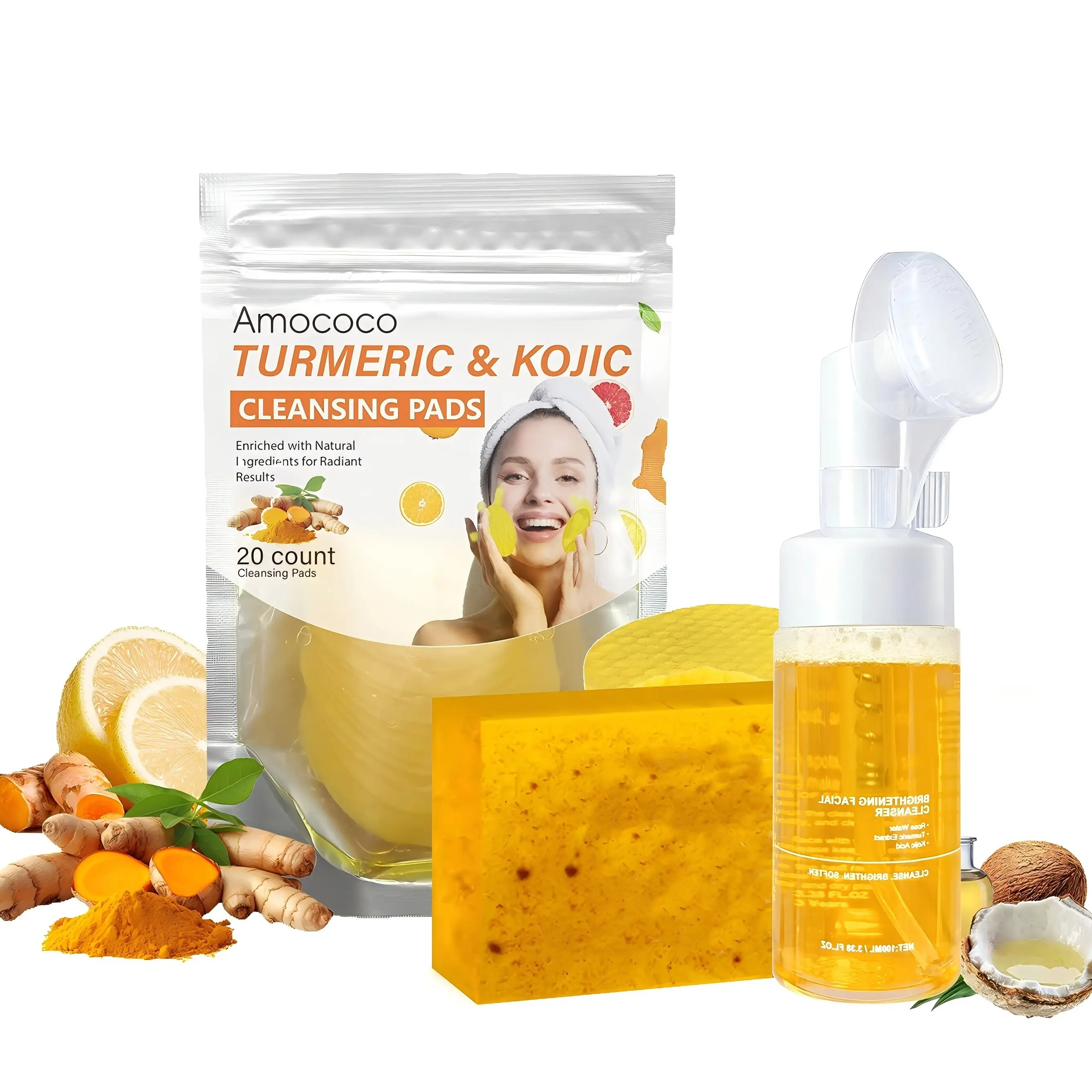 Turmeric Wash and Care Three Piece Set, Turmeric Tablets, Turmeric Cleansing Mousse, Turmeric Soap Facial Cleansing Skincare Facial Cleansing Cleanser