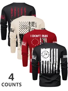 Men's Flag Series Crew Neck Long Sleeve Knit T-Shirt Set, Casual Outdoor Pullover for Spring & Fall, Fitted Letter Pattern Design Knitwear