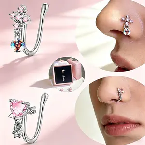 2PCS Adjustable Fake Nose Rings for Women Nose Piercings Set With Heart-shaped Cross Style Shut Up Nose Clip,Stylish Pink Nose Ring Jewelry