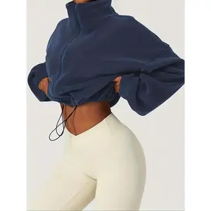 Women's Solid Color Drawstring Zip Up Crop Jacket, Casual Long Sleeve Stand Collar Outerwear for Winter, Ladies Clothes for Daily Wear