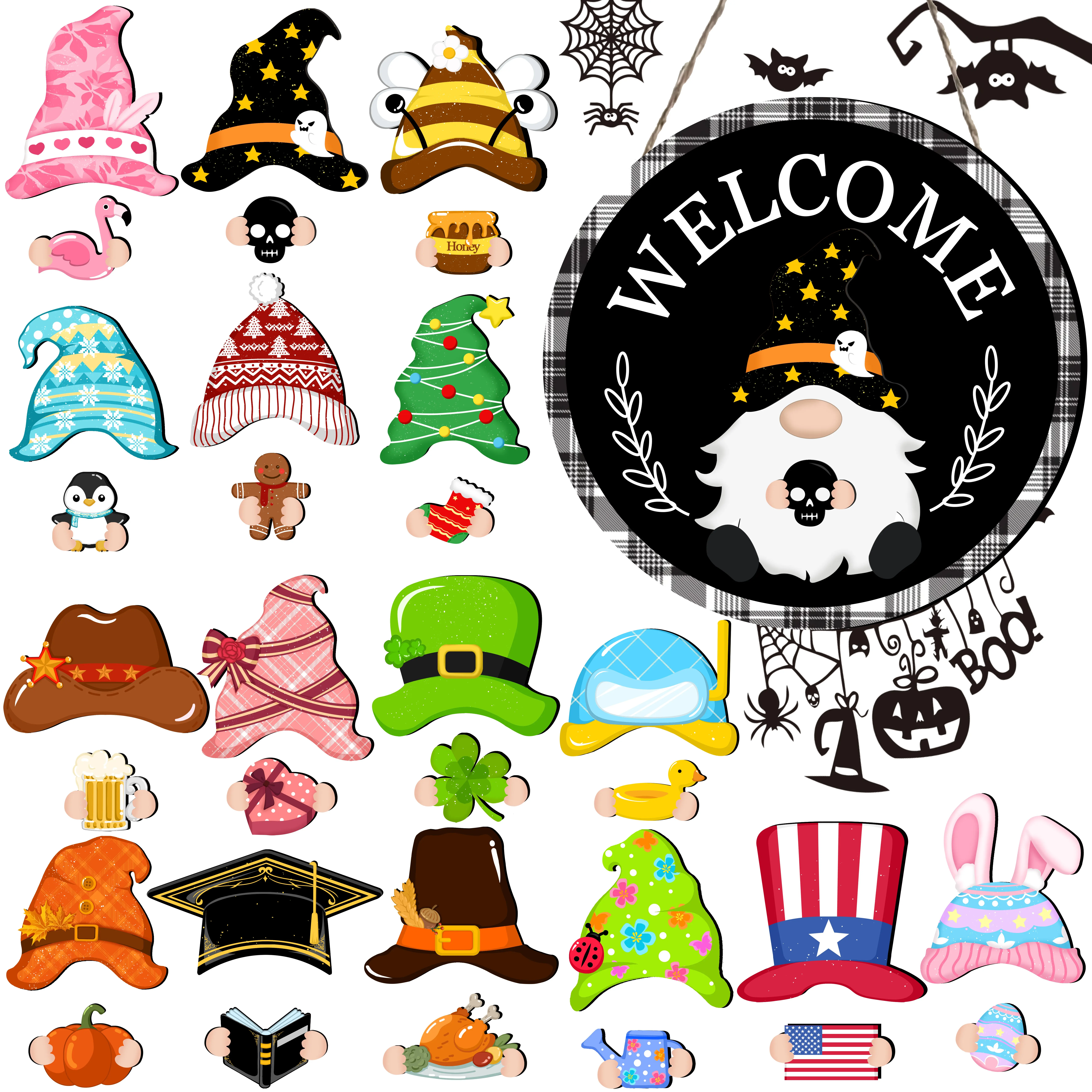 Wooden DIY Customizable Magnetic Gnome Welcome Sign - Glueless Black Buffalo Plaid Year-Round Interchangeable Door Decor with 16 Accessories for Valentine's Day, Christmas, Birthday, Outdoors