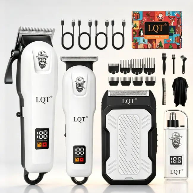 LQT 4-in-1 White Vintage Bearded Man Barber Kit - Cordless LCD Clipper, T-Blade Trimmer, Foil Shaver, Nose Trimmer Complete Men's Grooming Set