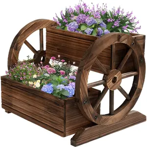 Wooden Wagon Planter Box, Garden Planter with Wheels,Decorative Planter for Flowers Herbs Vegetables for Indoor & Outdoor Décor, Flower Cart for Patio Garden Balcony