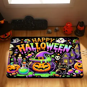 Halloween Decorative Door Mat - "Happy Halloween" with Jack-O'-Lanterns, Black Cat, Candy & Spooky House Design, Machine Washable, Polyester, Perfect for Living Room, Bedroom, Kitchen, Office, Indoor & Outdoor Use, Halloween