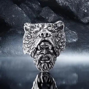 Men Viking Bear Man Ring Stainless Steel Nordic Warrior Silver Stainless Steel Titanium Biker Ring Charm Jewelry