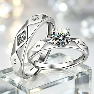 Adjustable "Her King - His Queen" Couple Rings Set, Clear Stones, Inscriptions, Paris with Love Themed Costume Jewelry, Y2K Accessories, Birthday Gifts for Girlfriends