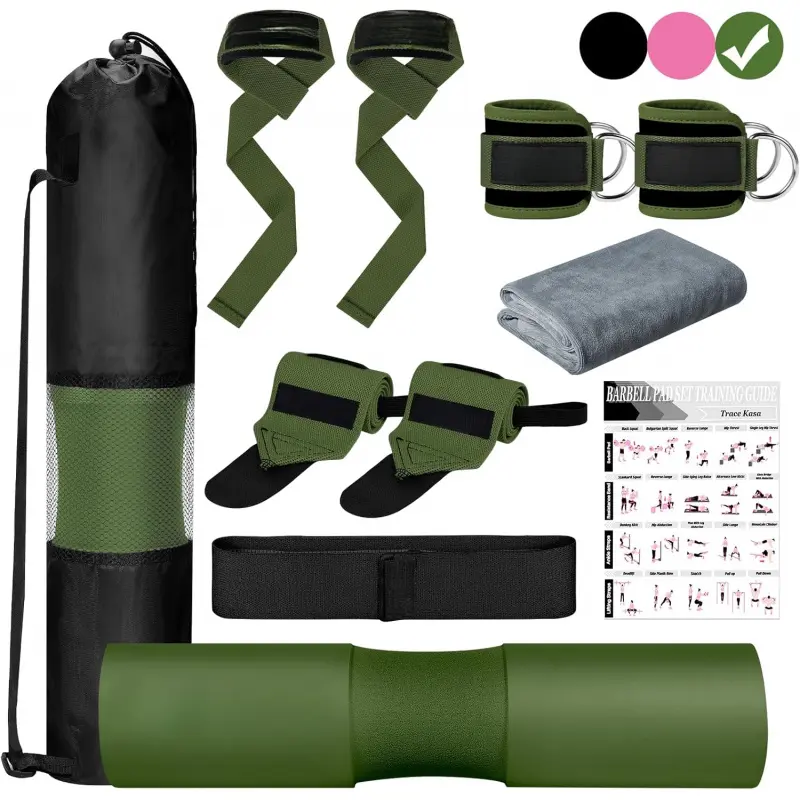 Ergonomic Anti-Slip Barbell Pad Set with Fabric Resistance Band, Ankle-Wrist Straps & Adjustable Accessories for Home Gym Weight Lifting, Ideal for Men & Women’s Resistance Band Workout