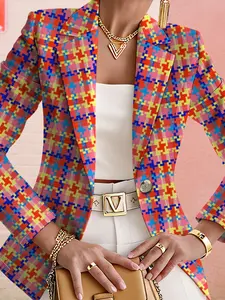 Women's Fall Outdoor Striped Plaid Geometric Print Blazer Jacket, Casual Fitted Regular Length, Digital Print, Spring & Fall