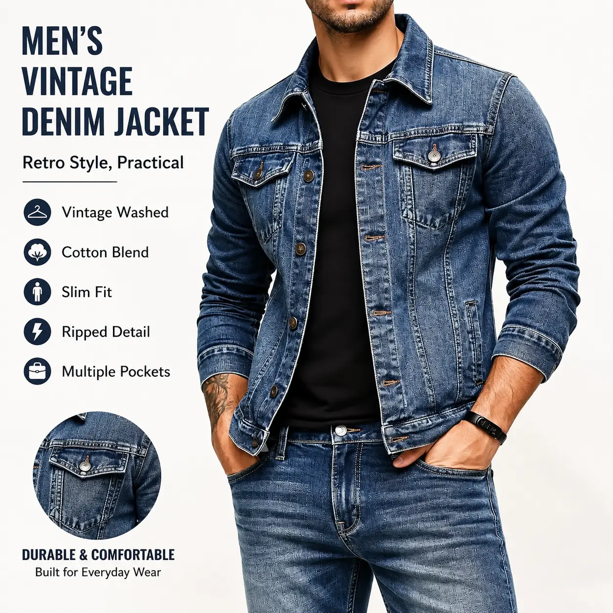 ESDVQ Men's Vintage Washed Cotton Blend Streetwear Jacket, a Collared Slim Fit Retro Coat with Multiple Button Pockets