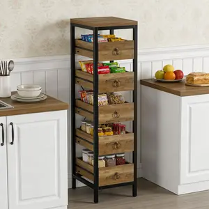 YJ-Garvee Kitchen Fruit Vegetable Storage Rack, 5-Tier Narrow Snack Fruit Display Stand with 5 Pull-Out Drawers Basket, Utility Organizer Standing Shelf for Kitchen Living Room Bathroom Supermarket, Brown