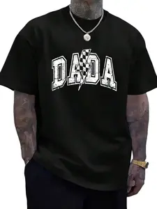 Dada Lightning Bolt Checkered Varsity Dad Men's T-Shirt 100% Cotton Short Sleeved Summer Casual Graphic Tee for Father's Day Gift