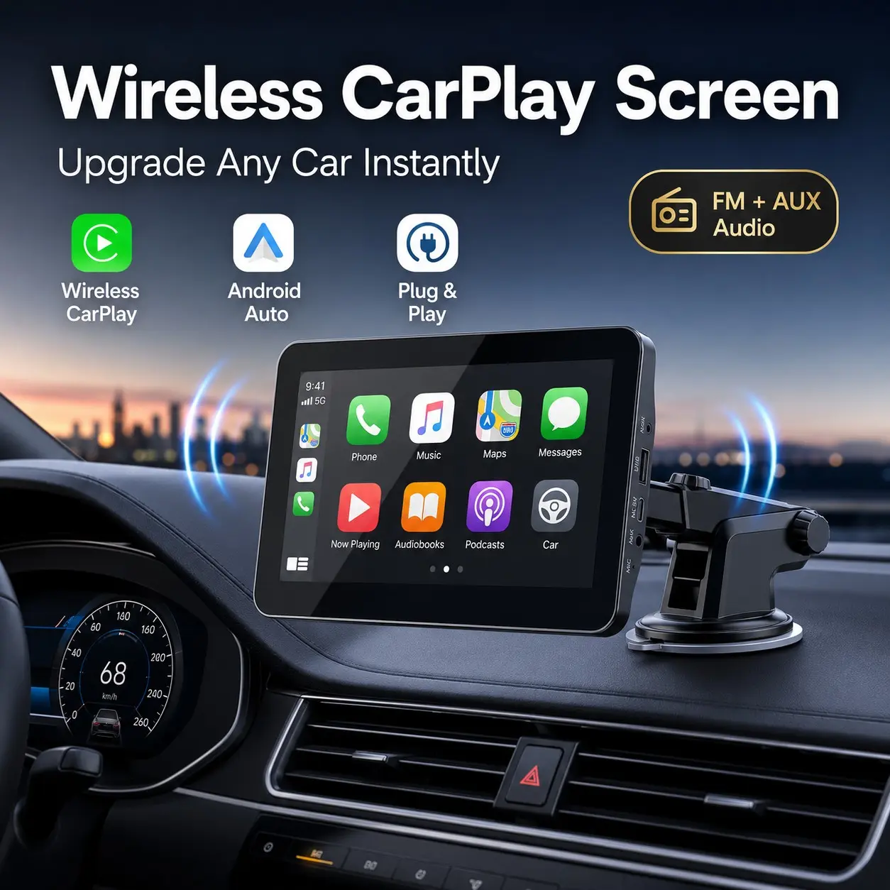 Wireless Carplay Screen for Any Car, Upgrade Old Car with Smart Features, Fm/aux Audio, Navigation, Music, Hands-Free Calls, Carplay Radio Touchscreen