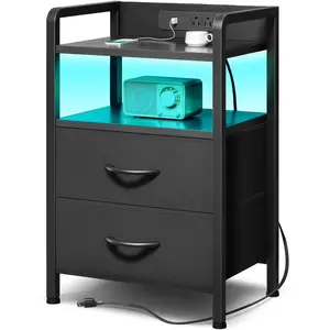 Night Stand Bedside Charger Bedroom - Nightstand with  Station & LED Light Strip, Night Stand with Storage Shelf & 2 Fabric Drawers, Morden End Table with U-S-B Ports & AC Outlets