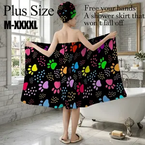 Plus Size M-XXXXL Colorful Paw Print Bath Wrap Skirt & Hair Towel Set, Non-Slip Adjustable Shower Skirt for Bathroom, Spa, Pet Lover Gift, Summer Festival, Bathroom Towel Sets
