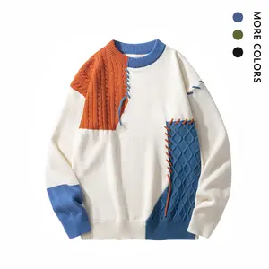 #Springfresh American street retro wallet style neutral fashion splicing design round neck long sleeved straight tube fashion clown men's sweater knitted sweater pullover college style insert color neutral casual classic dopamine color splicing base shirt