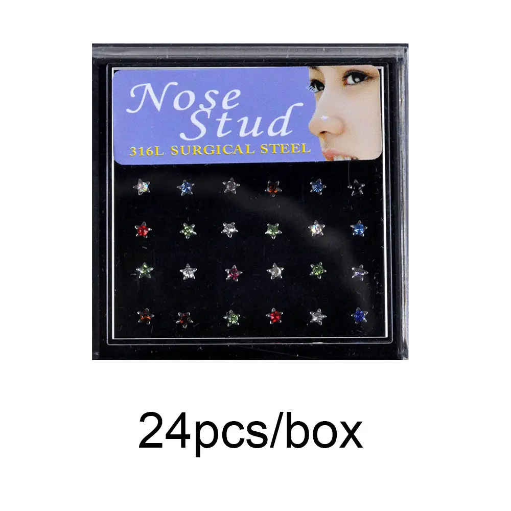 24/box colored pentagram nose studs