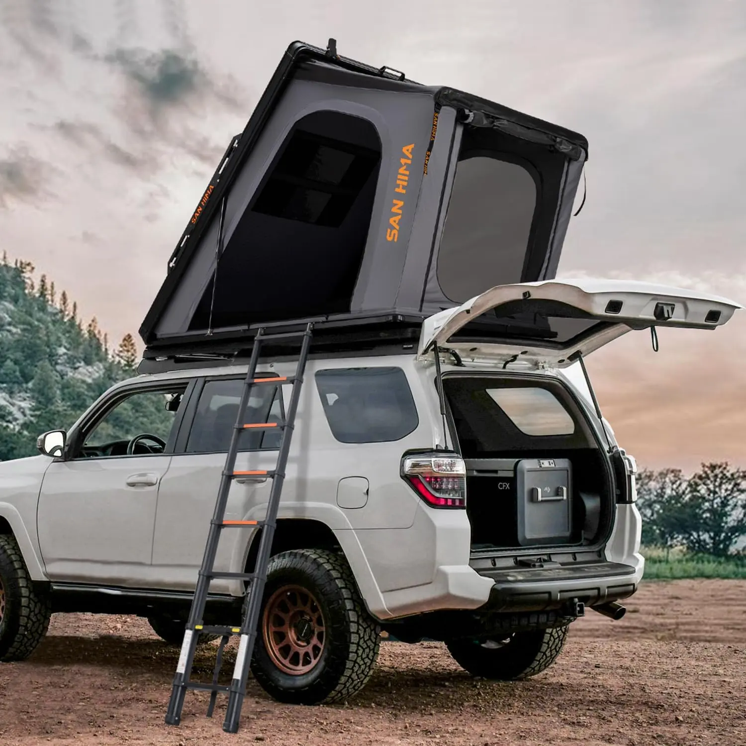 Sanhima Rooftop Tent Hard Shell - Hotham Lite Overland Aluminium Roof Top Tent 4.56" Slimline, w/Tri-Color LED Strip Light & 1.97” Thick Mattress, for Car SUV Truck Camping, 2-3 People