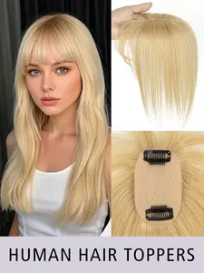 Real Natural Human Hair Topper with Bangs, Ashblonde Straight Human Hair for Volume, CCovers white hair, Suitable for Various Scenarios, Human Hair Wigs