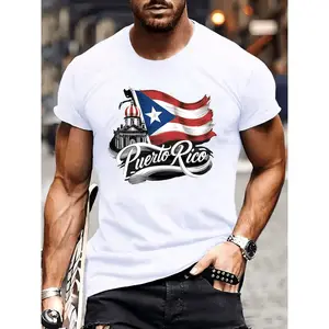 100% Pure Cotton, Puerto Rico Flag Print Round Neck Short Sleeved Men'S T-Shirt, Cool And Breathable Father'S Day T-Shirt in Summer, Suitable for Fitness, Outings And Camping, Perfect Holiday Gift