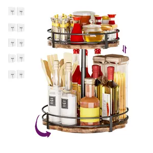 CasaDolce Heavy-Duty 2-Tier Lazy Susan Organizer, Adjustable to Different Heights, Upgraded Thickened Wooden Board, Countertop Spice Rack,Suitable for Seasoning Organizer, Kitchen Organization