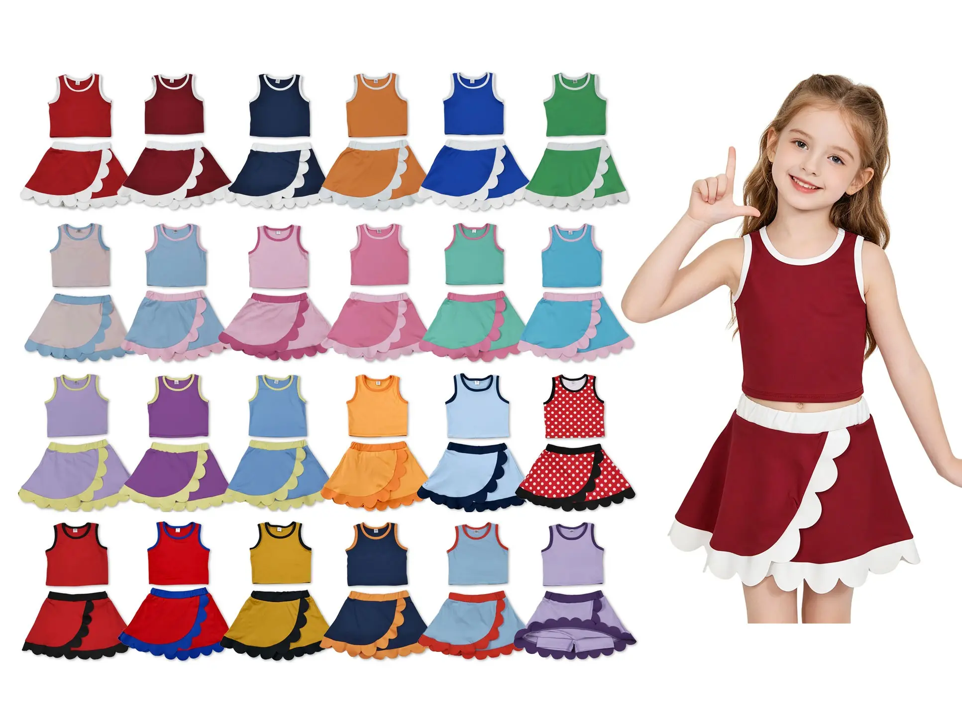 Girls' 2-Piece Scalloped Activewear Set - Kids' Clothing, Breathable Tank Top, Stretchy Yoga Skirt with Elastic Waistband,back to school,back to school shopping,back to school