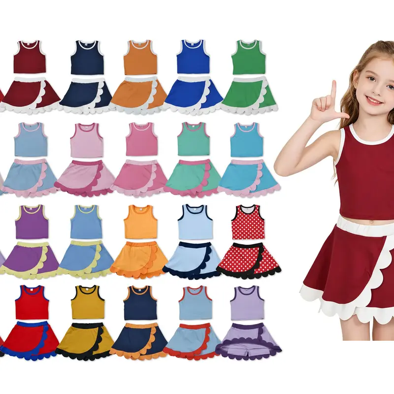 Girls' 2-Piece Scalloped Activewear Set - Kids' Clothing, Breathable Tank Top, Stretchy Yoga Skirt with Elastic Waistband