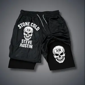 WWE Stone Cold Steve Austin  Double-Layer Sports Shorts Graphic Shorts Black Shorts Camo Shorts Streetwear Shorts Men Outfits Men Short Shorts Vacation Outfits Shorts