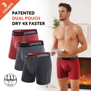Separatec 3 Counts Dual Pouch Long Leg Performance Boxer Briefs Quick Dry Regular Fit Casual Bulge Enhancing Elastic Stretch Shorts for Daily Menswear All Seasons - Athletic