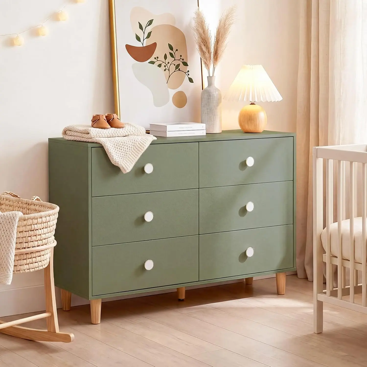 Baby Dresser for Bedroom, Modern 6 Drawer Dresser for Nursery, Kids Dresser with Solid Wood Legs, Large Closet Dresser for Clothes, Chest of Drawers, Green