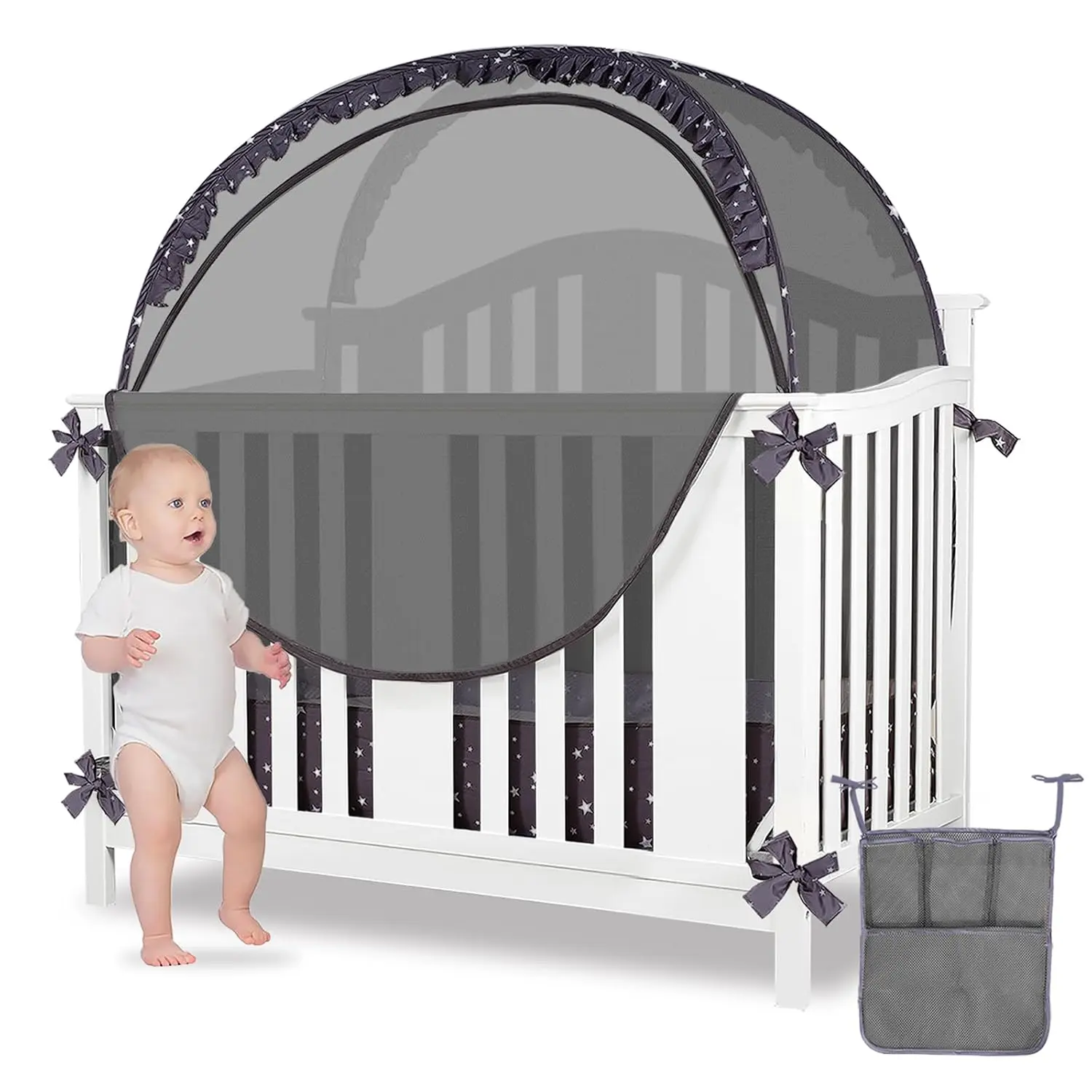 Baby Safety Crib Tent Infant Pop up Mosquito Net Nursery Bed Canopy Netting Cover with Hanging Diaper Storage Bag Dark Gray - Keep Baby from Climbing Out