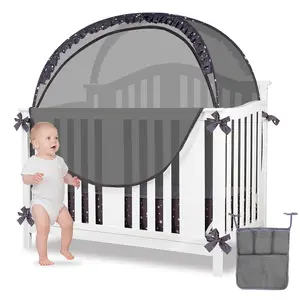 Baby Safety Crib Tent Infant Pop up Mosquito Net Nursery Bed Canopy Netting Cover with Hanging Diaper Storage Bag Dark Gray - Keep Baby from Climbing Out