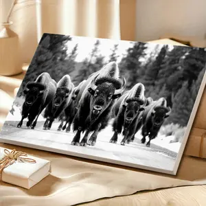 Wrapped Framed Canvas Wall Art, Vintage Prints Poster, Bison Herd In Snow Wall Art , Perfect Gift Decor, Wall Art for Living Room Bedroom Office, Hanging Hardware Included - Framed, Horizontal Wood Artwork Painting Ornaments