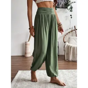 A fashionable and casual high waisted elastic waisted pleated loose solid color pants for women, suitable for beach vacations and daily sports and fitness wear