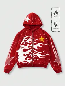 Y2K Flame Star Graphic Hoodie, Unisex Loose-Fitting Pullover, Pop Art Print Street Style, Fall & Winter Fashion