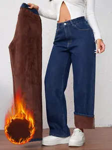 Women's Plus Size Fleece Lined Straight Leg Jeans, Washed Denim Elastic Comfortable Trendy Fashion Long Pants, Fall & Winter Style