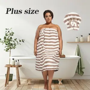 Plus Size Striped Pattern Casual Bathrobe & Shower Cap Set, 2 Counts/set Soft Comfortable Breathable Bathrobe & Shower Cap, Household Bathroom Supplies, Womenswear