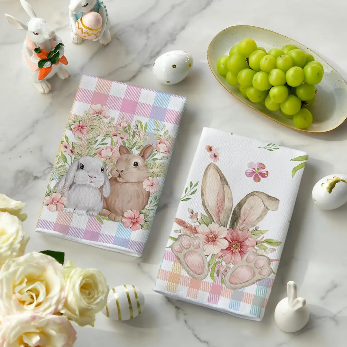 LaVenty 2 PCS Floral Microfiber Easter Bunny Towels - 18x26 in, Durable, Colorful, Machine Washable, Water-Absorbent, for Bathroom/Kitchen, Spring Easter Blessings Hostess Gifts