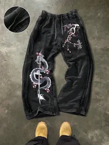 Men's Casual Cotton Pants, Cherry Blossom Dragon Print, Street Style, Drawstring Waist, Ankle Length, All Seasons, Perfect for Gifts