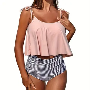 Zilva Women's Two-Piece Bikini Set, Ruffle Top and High Waist Bottom. Featured with stable tummy control and soft stretch fabric, this casual solid styled swimwear fits well for beach trips, pool days and hot summer outdoor vacation plans